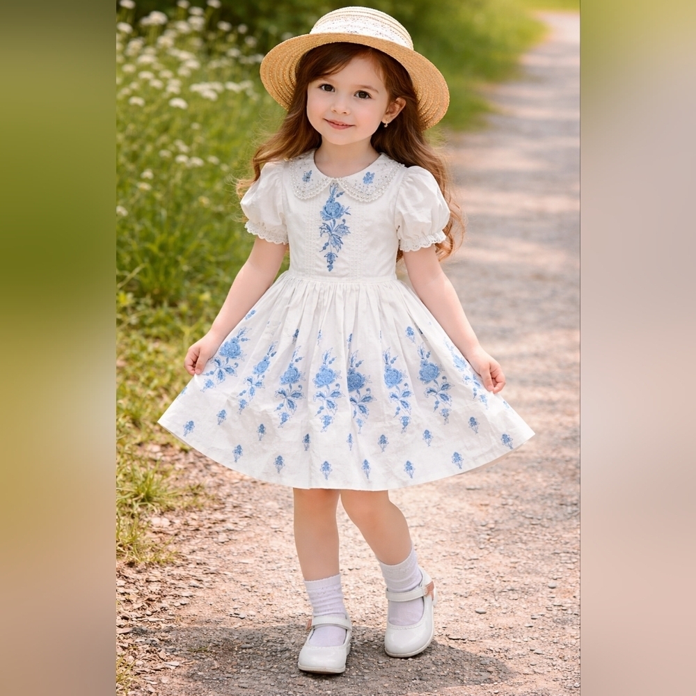 Vintage Cottagecore Girls Dress Blue Floral Peter Pan Collar 5T Heirloom Prairie
